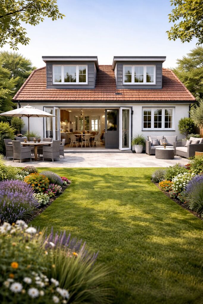 Create me a landscape image of the back of the bungalow house with a dorma windows at the back, from the view garden